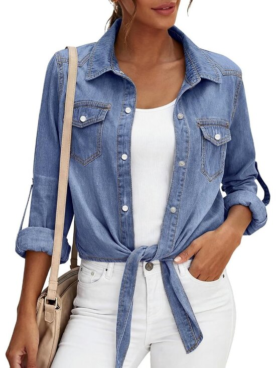 Tops - 〽️Women's Light Blue Denim Button Down Shirt Tie Front Cropped Jean Cardigan